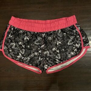 Juniors Black and Pink Leaf Print Shorts